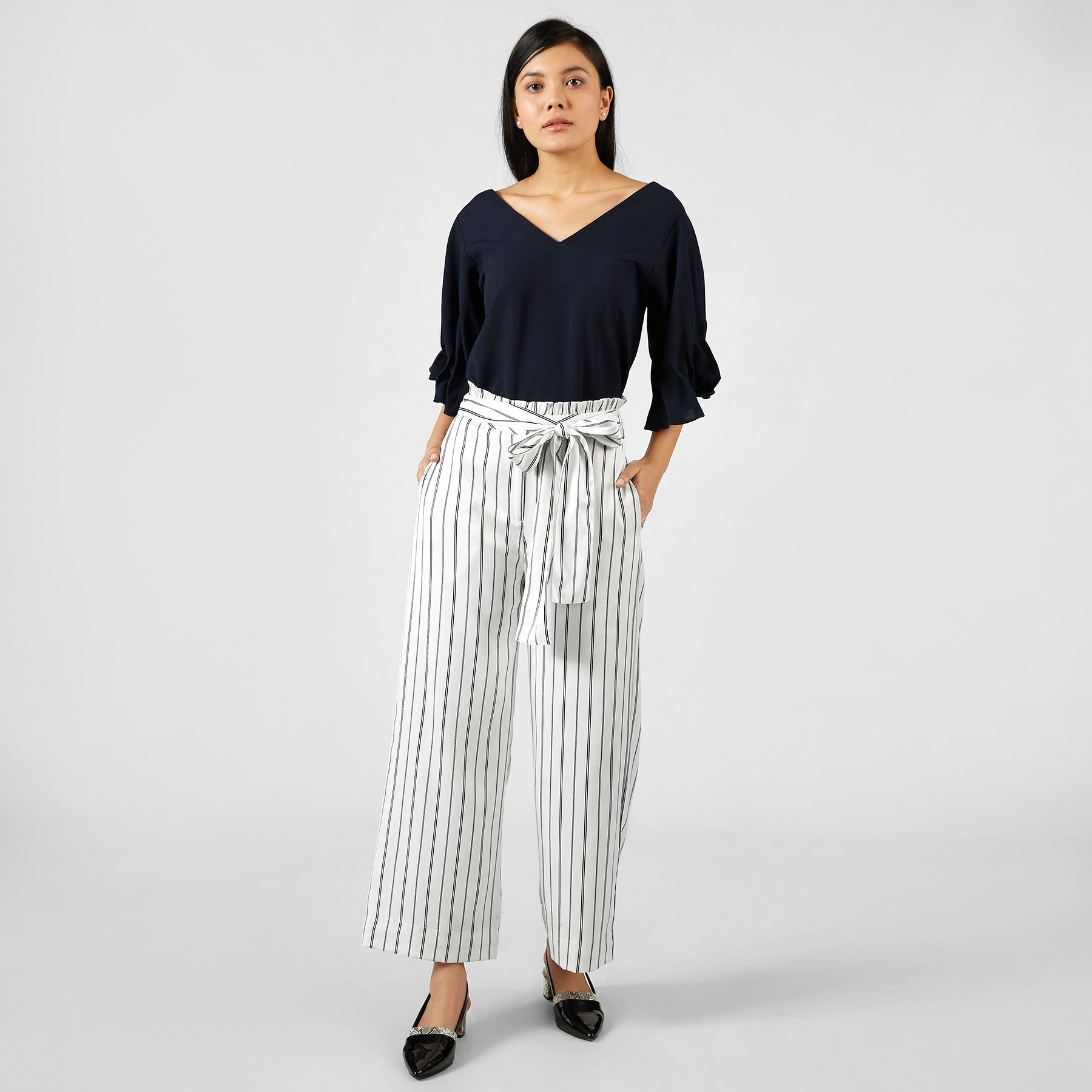 Monochrome Striped Belted Pants