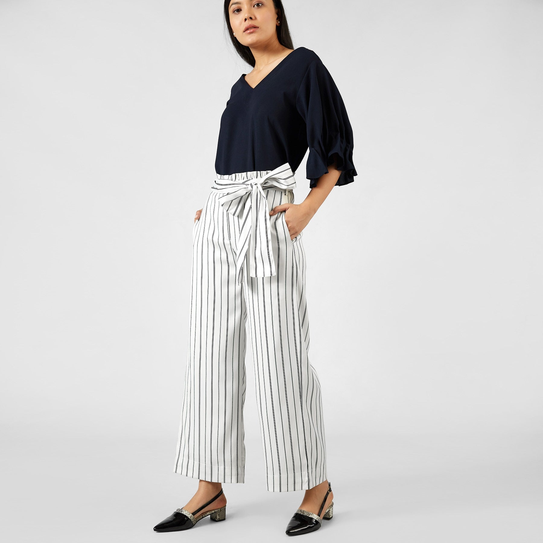 Monochrome Striped Belted Pants