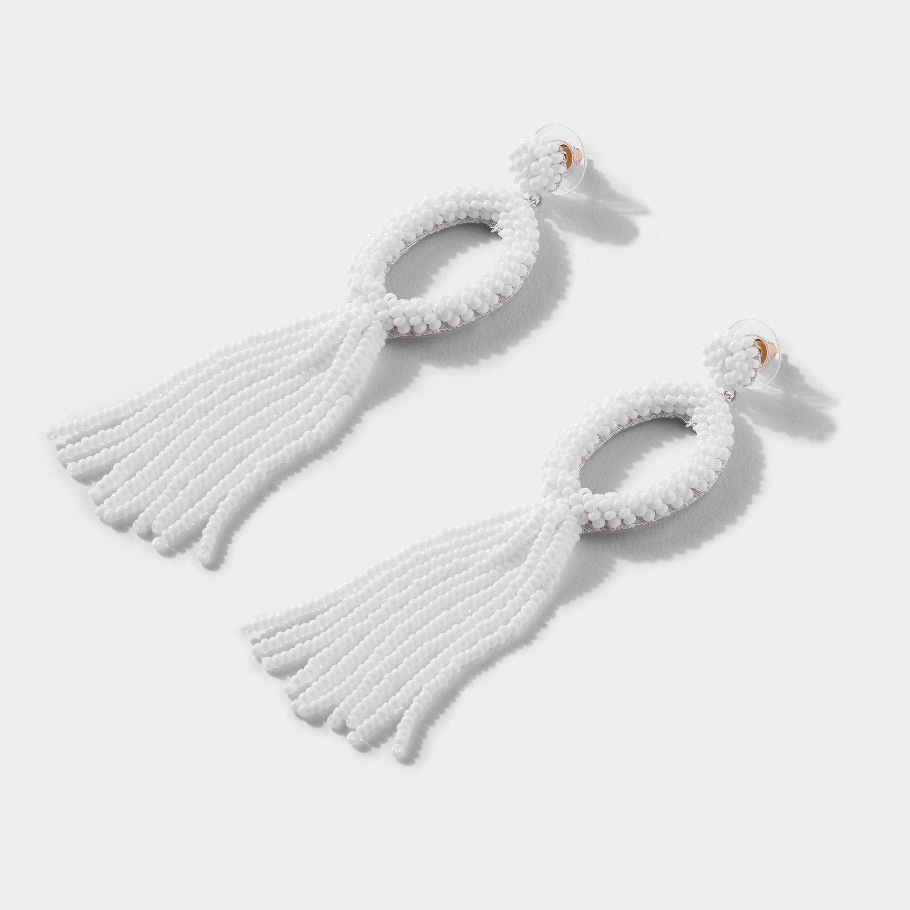 White Oval Beaded Tassel Earrings